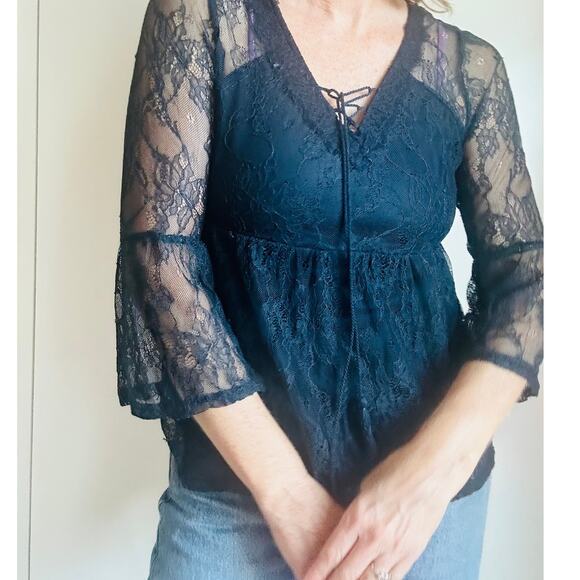 Lace Bohemian Lace Top Size Large whimsy Goth Large Dark Blue - Picture 5 of 10